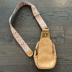 Womens Sling Crossbody Bag Purse Brown Wide Shoulder Strap Faux Leather